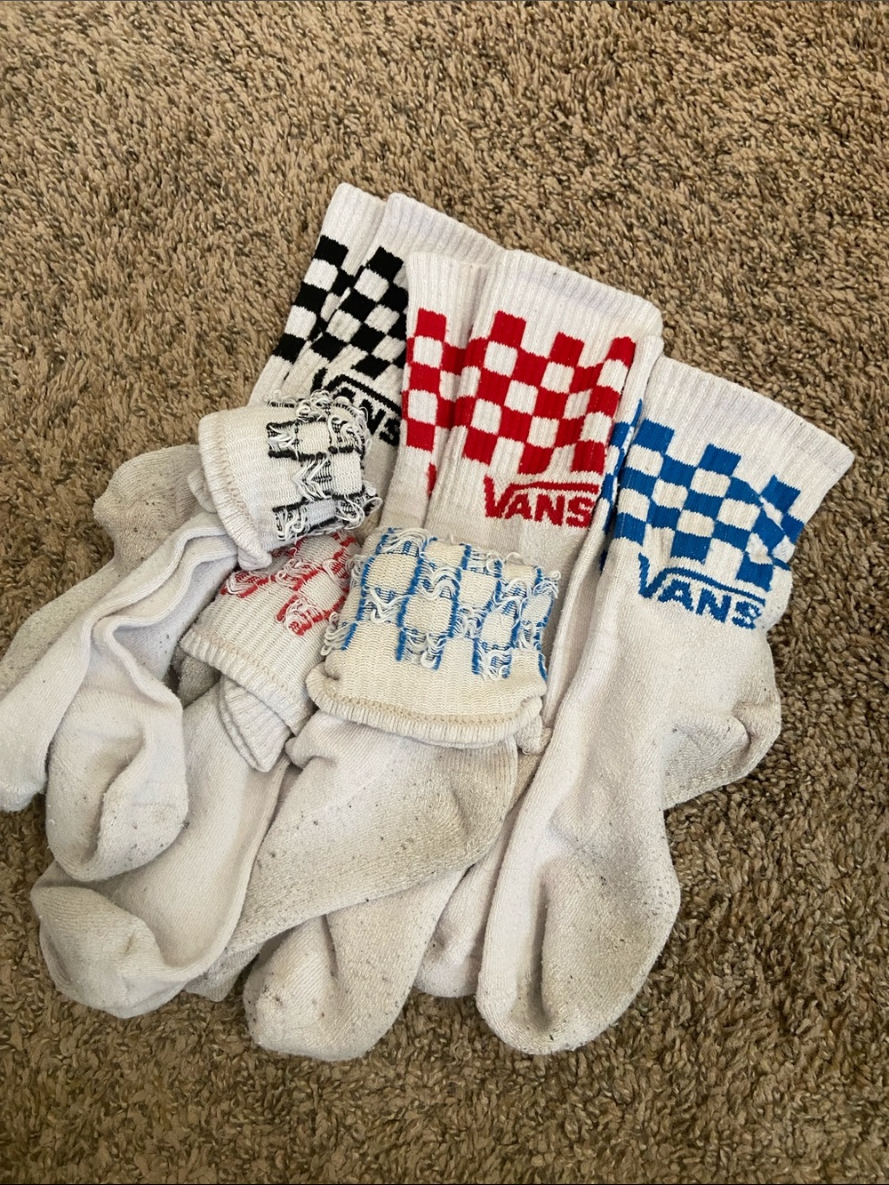 Vans White Crew Socks with Red, Blue and Black Checker Accents